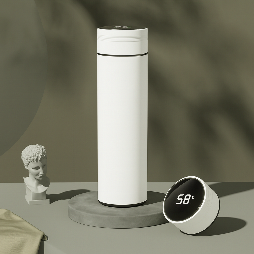 Gourde isotherme avec affichage de la température – 500 ml, en acier inoxydable, bouteille thermos à compartiments, isolée sous vide, idéale pour l’extérieur