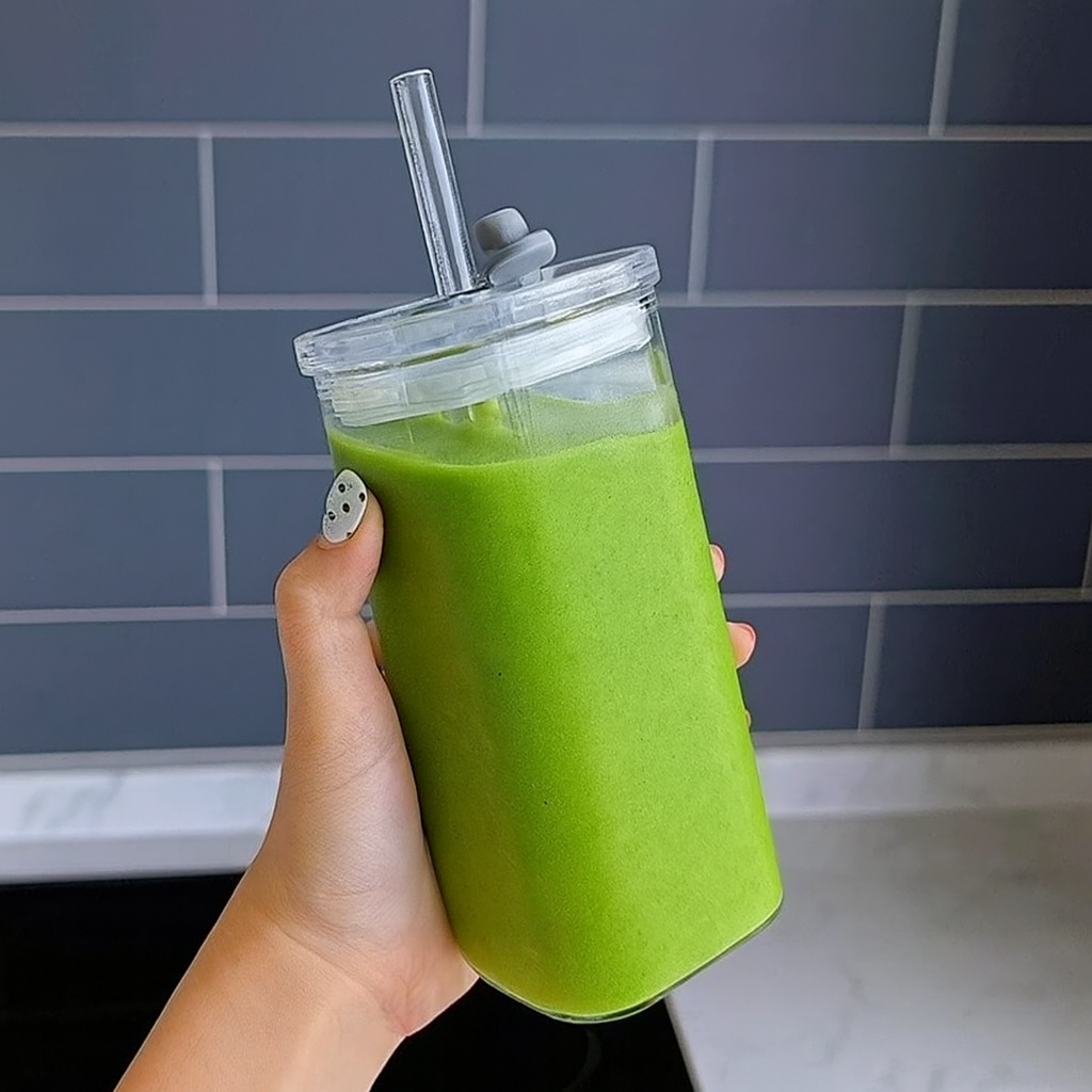 Tasse en verre avec paille et couvercle – 400ml - résistant à la chaleur , parfait pour boire votre smoothie
