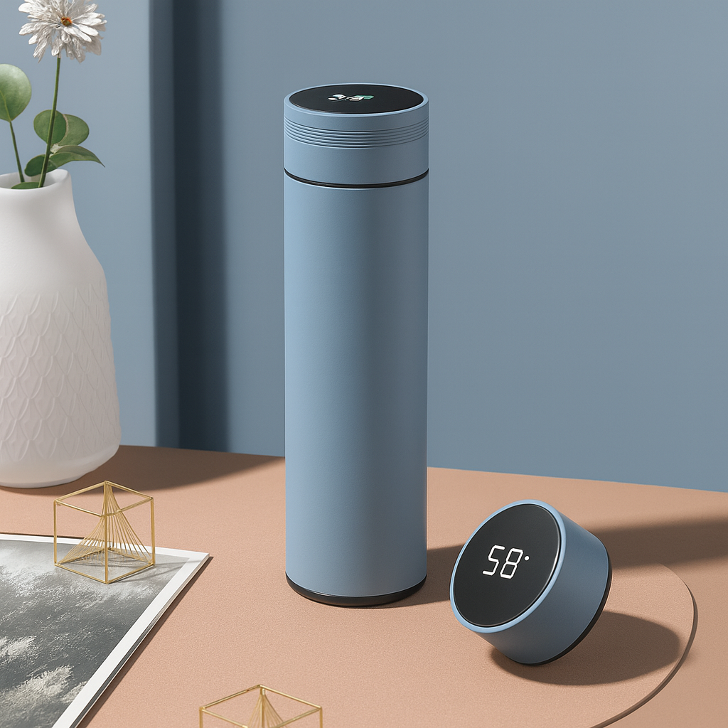 Gourde isotherme avec affichage de la température – 500 ml, en acier inoxydable, bouteille thermos à compartiments, isolée sous vide, idéale pour l’extérieur
