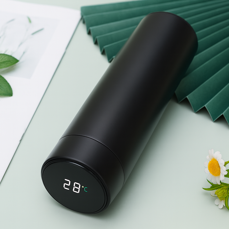 Gourde isotherme avec affichage de la température – 500 ml, en acier inoxydable, bouteille thermos à compartiments, isolée sous vide, idéale pour l’extérieur