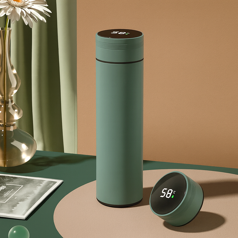 Gourde isotherme avec affichage de la température – 500 ml, en acier inoxydable, bouteille thermos à compartiments, isolée sous vide, idéale pour l’extérieur