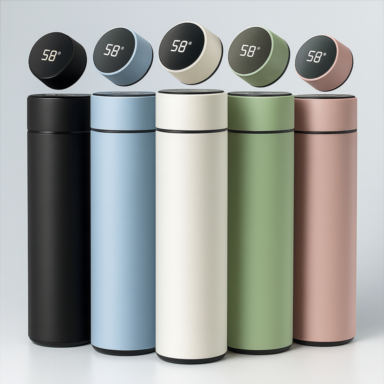 Gourde isotherme avec affichage de la température – 500 ml, en acier inoxydable, bouteille thermos à compartiments, isolée sous vide, idéale pour l’extérieur